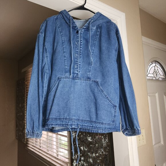 Women's Denim Pullover Hoodie - Picture 2 of 6